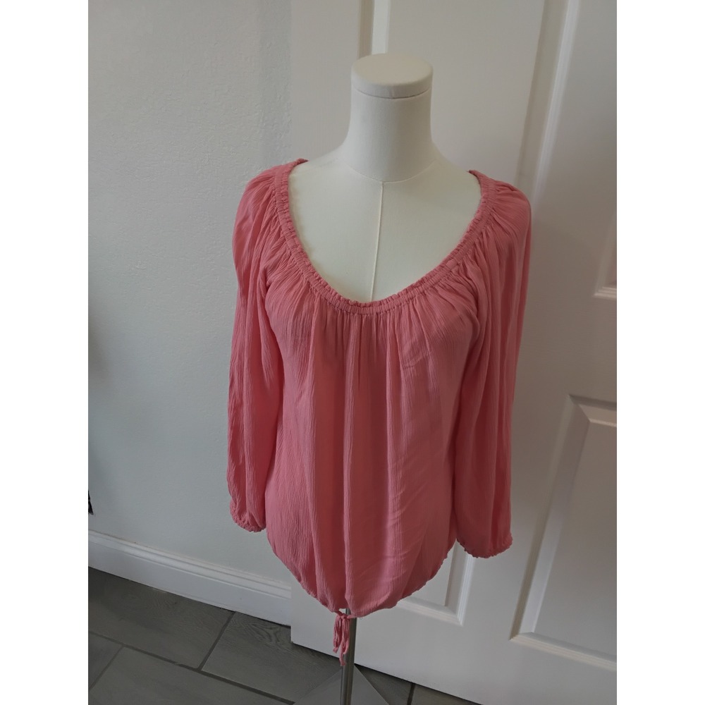 Tommy Hilfiger Women Coral Pink Gauze Peasant Blouse Long‎ Sleeve Top Large